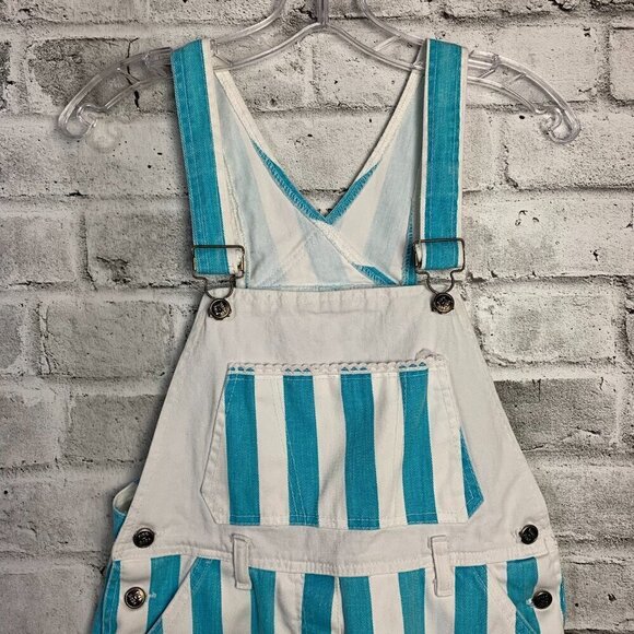Vintage 90s Pink Soda Striped White Denim Bib Overalls Shortalls - Picture 2 of 9